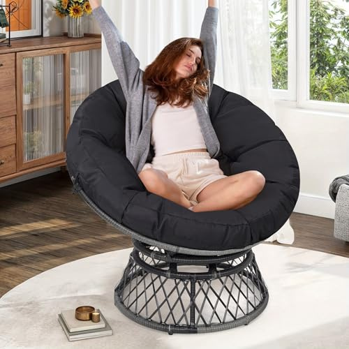 KROFEM 40 Ergonomic Wicker Papasan Chair, 360° Swivel Indoor Outdoor Rattan Chair with Soft Thick Cushion, Ideal for Living Room, Bedroom, Reading Room, Grey Frame with Black Cushion
