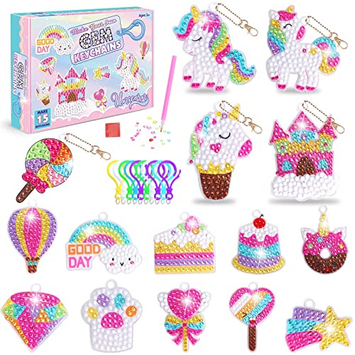 UMILKI 15 Pezzi 5D DIY Pittura Diamante Portachiavi, Unicorno Diamond Painting Bambini, Adesivi Fai Da Te Pittura Diamante Keychain per Portafoglio, Zaino, Borsa, Regalo