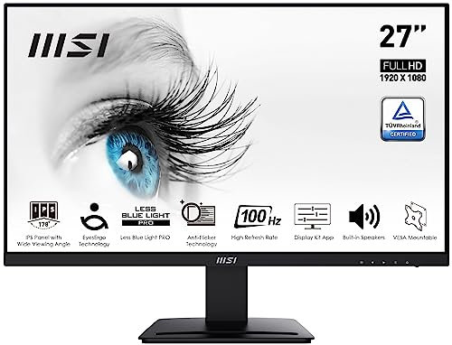 MSI PRO MP273A Monitor 27 FHD, IPS (1920 x 1080), fino a 100 Hz (con HDMI), Schermo Eye-Friendly, VESA 75x75, Altoparlanti integrati, Supporto Display Kit - HDMI 1.4, DP 1.2a, D-Sub
