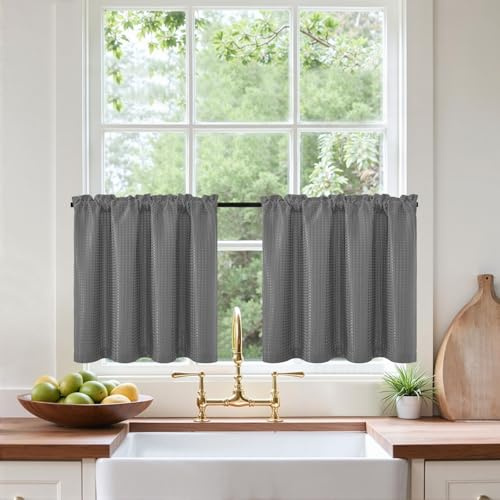 Tende per Interni Grigio Waffle Tende Corta Cucina tenda finestre Piccole con passanti soggiorno Camera da letto da vetro Moderne Country bistrot stile 90 x 60 cm 2 pezzi per casa bagno Bistrot