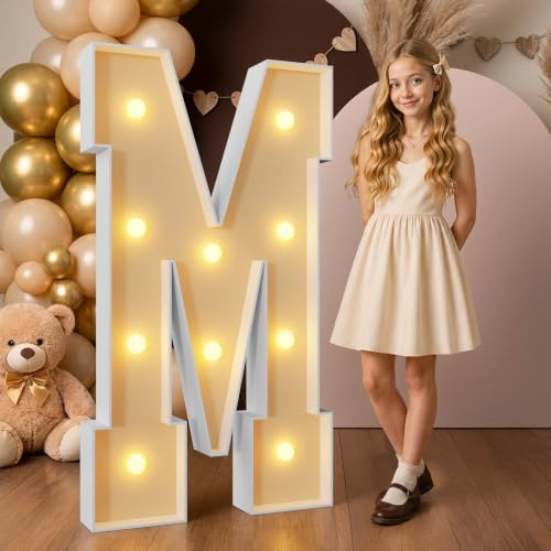 4FT Light Up Letters Birthday Decoration Large Cardboard Letters M for Party, Marquee Letters for Graduation Decorations Wedding Decor, Mosaic Arch Stand Pre-cut DIY
