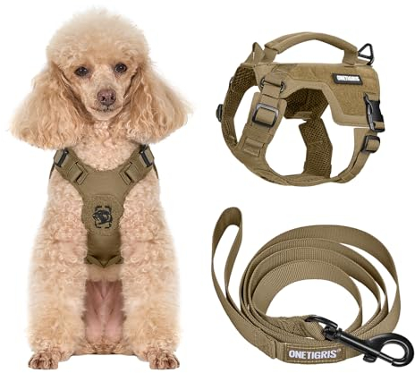 OneTigris Hundegeschirr Kleine Hunde mit Leine(150cm), MINI Trooper Welpengeschirr mit Steuergriff und 2 Abschlepppositionen für Kleine Hunde, Braun XS