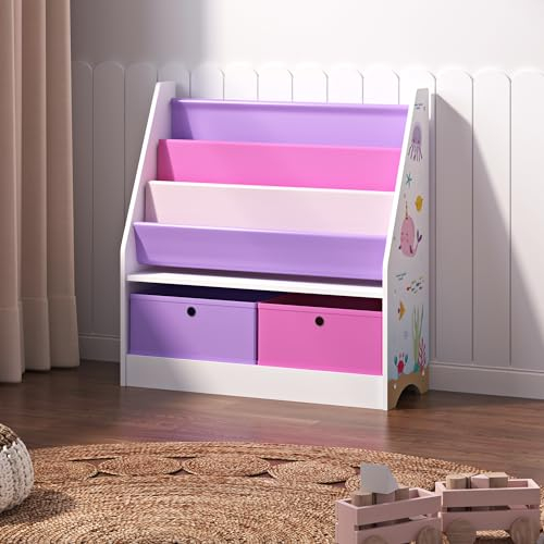 [en.casa] Scaffale per Cameretta con Contenitori a Scaletta per Libri e Scatole Pieghevoli Porta Giochi - Mobile a Misura di Bimbi in Design Oceano - Bianco/Viola/Rosa