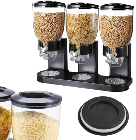 SIZI LTD 6L Black Kitchen Triple Cereal Dispenser Dry Food Storage Container Dispenser Machine Great for Cornflakes, Candy, Nuts, Beans, Granola