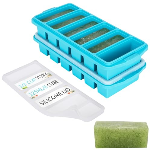 1/2 Cup Silicone Freezer Tray With Lid - Silicone Freezer Molds 2-Pack For meal prep & freezing of various sauces and other dishes, makes 12 perfect 1/2 cup portions cubes,oven and dishwasher safe