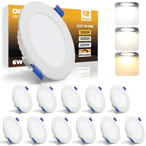 Qingmiao LED Recessed Ceiling Lights, 6W Ultra Slim LED Downlights, Warm White 3000K Neutral White 4000K Cool White 6000K, IP44 Dimmable Spotlights for Bathroom Kitchen Living Room,White 12 Pack