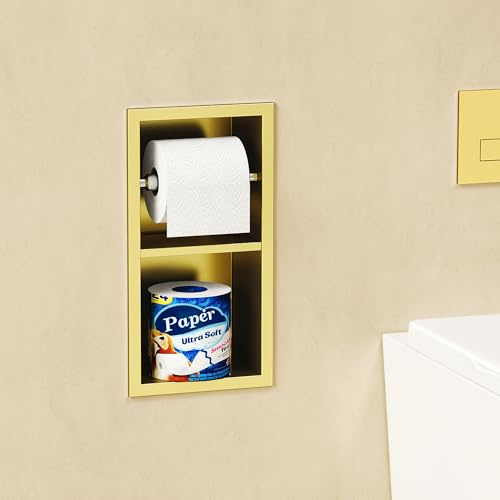 QEKE Einbau Toilettenpapierhalter, 304 Edelstahl, 2 Ebenen, Golden | rostbeständig, einfach nachzufüllen, einfache Montage, leicht zu reinigen, platzsparend, Badrenovierung