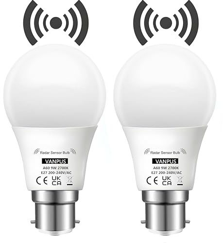 Vanpus Motion Sensor Light Bulb, B22 LED Light Bulb, Auto On/Off Radar Sensing Bulb, 9W Warm White (2700k),Dusk to Dawn Light Bulbs, Garages, Corridors, Courtyards, etc (2 Pack)