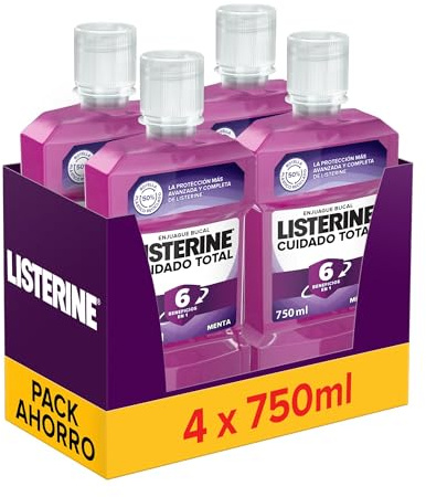 Listerine Cuidado Total (4x750 ml), enjuague bucal con flúor, colutorio bucal con 6 beneficios en 1, elixir bucal para una limpieza bucal completa