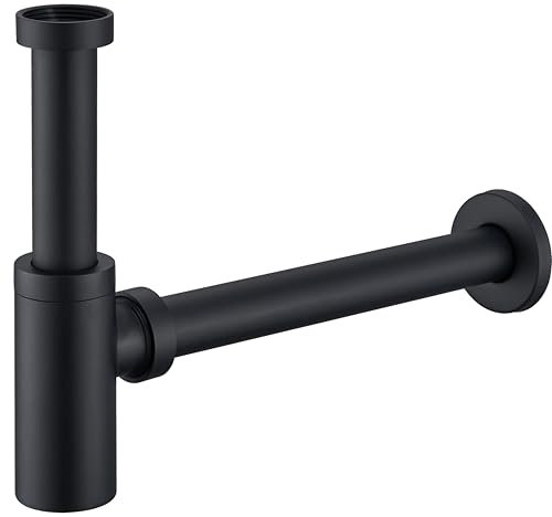 kelleria Sifone Lavabo Bagno, Sifone Universale per Lavabo Regolabile Con Apertura per la Pulizia, Scarico Lavandino Bagno 1 1/4 x Ø 32mm, Acciaio Inox, nero opaco