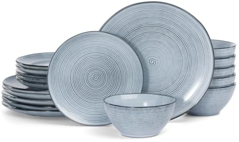 Richmount Tempus 18-Piece Dinner Set, Irregularly Shaped Swirl Stoneware Plates and Bowls Set, Dinner Sets for 6 People, Dinner Plates/Dessert Plate/Soup Bowl, Glazed Ceramic Dinnerware Sets, Blue