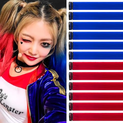Rajout Capillaire Saphir Rouge/Bleu - 12 Pièces 55cm - Accessoire Cheveux Fille - Mèches Resistantes à la Chaleur