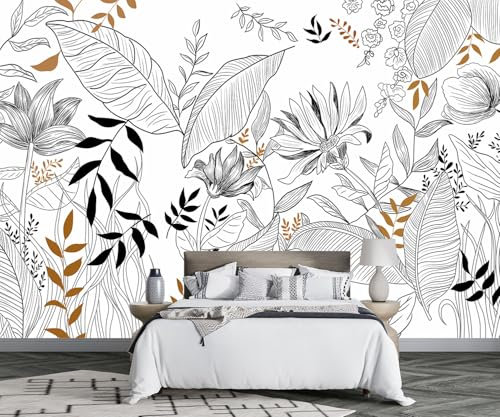 ZXCHEE Papier Peint Panoramique Feuilles Noir Et Blanc Fleurs Papier Peint Intissé 3D Tapisserie Peinture Murale Chambre Salon -FG009-350x250cm