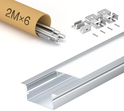 WILLLUX LED Streifen Profil 2M × 6 Stück, geeignet für LED Streifen mit einer Breite von weniger als 15 mm, Aluminium profil enthält eine milchige, matte Abdeckung, Profil maße 2000 x 26.7 x 10 mm