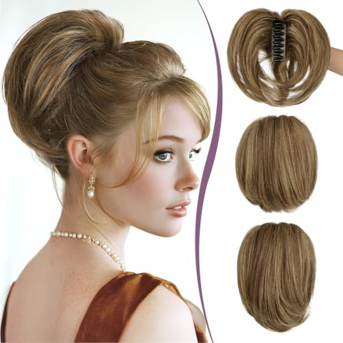 RUWISS Pferdeschwanz Haarteil mit Klammer Echthaar Kurze 22cm Ponytail Extension mit Biegbaren Metall für DIY-Frisuren Gerade Messy Bun Haarteil für Damen, Braun mit Blonden Highlight