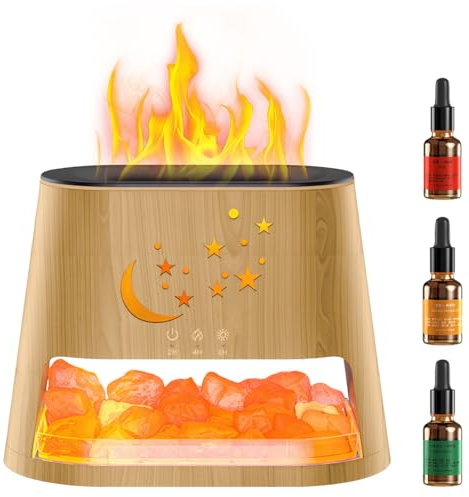 2 en 1 Diffuseur d'Huiles Essentielles & Lampe en Cristal, 260Ml Diffuseur d'Aromathérapie avec Lumière Effet Flamme, 7 Lumières LED De Couleurs Différentes, pour Maison, Bureau, Yoga (Bois Naturel)