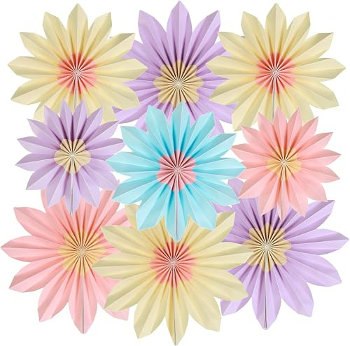 9 Stück Papierblumen Deko Hängend,Papierfächer Blumen Dekoration für Geburtstagsfeiern, Hochzeiten, Tea Party & Tischdeko (Bunt Sonnenblumen)