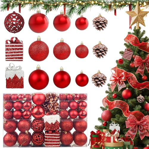 OIOYCLG Weihnachtskugeln 101stück Kunstoff Christbaumkugeln Set, Christbaumkugeln Rot matt, Glänzend, Glitzernd mit Tannenzapfen Weihnachtsbänder für Weihnachtsbaum Deko Party, Haus Dekoration