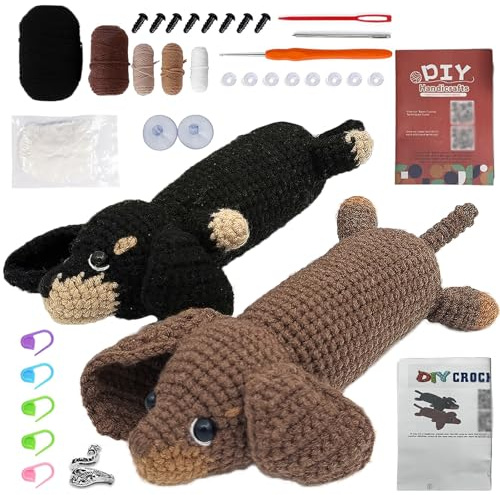 Animales Agujas Crochet Kit Bricolaje, DIY Perro Salchicha Crochet Kit Principiantes, Juego de Ganchillo para Principiantes con Video Tutorial e Instrucciones Paso a Paso(Perro Salchicha)