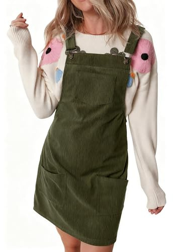 IDEALSANXUN Corduroy Overall Dress for Women 2025 Fall Winter Casual Jumpers Pinafore Dress Skirtall Mini Skirt, Army, M