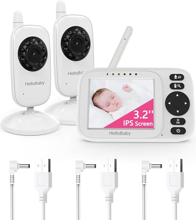 HelloBaby Babyphone mit 2 Kameras ohne WLAN, 3,2 Zoll Bildschirm | Gegensprechen, Temperaturanzeige, Nachtsicht, 305m Reichweite, verstellbarer Kamerawinkel, ECO Modus, USB Ladegerät HB2438-2