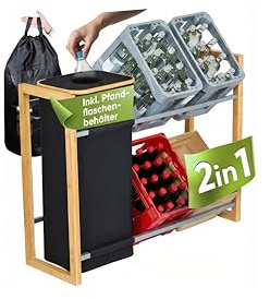 Getränkekistenregal Bambus inkl. Pfandflaschen-Sammelbehälter, 4 Kisten | Entnehmbare Tasche mit Kordelzug · Forganizers 2in1Getränkeregal für PET-Flaschen · Leergut-Organizer für Küche & Keller