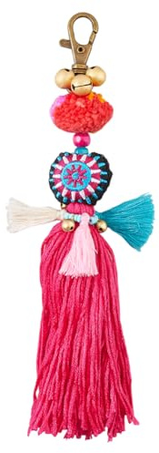 SUPERFINDINGS Bohemian Ethno Stil Bunte Pompon Quasten Schlüsselanhänger Handtasche Geldbörse Schlüsselbund Ethnisch Karabinerhaken Autoanhänger Schlüsselring Handgefertigte Rucksack Deko 18.7~19cm