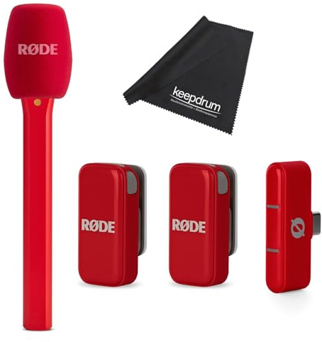 Rode Système de microphone sans fil Micro sans fil USB-C rouge avec adaptateur micro manuel d'interview rouge et chiffon Keepdrum