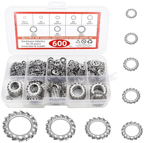 CATELL 600 Piezas Arandelas de Seguridad Dentadas Externo M2,5 M3 M4 M5 M6 M8 M10 M12 Acero Inoxidable 304 Arandelas Dentadas Externas De Surtido de 8 Tamaños Arandela Dentada para Fijación Segura