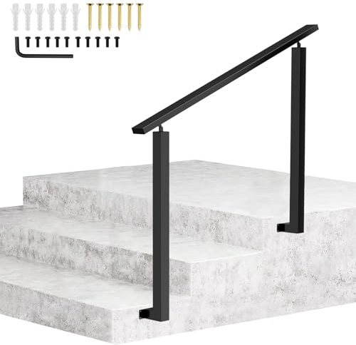 Winkelverstellbares Treppengeländer Schwarz aus Metall, Treppenhandlauf für Innentreppen & Außentreppen, Stabiler Bodenbefestigter Handlauf Treppe mit Doppeltschutz Basis (Seitmontage)