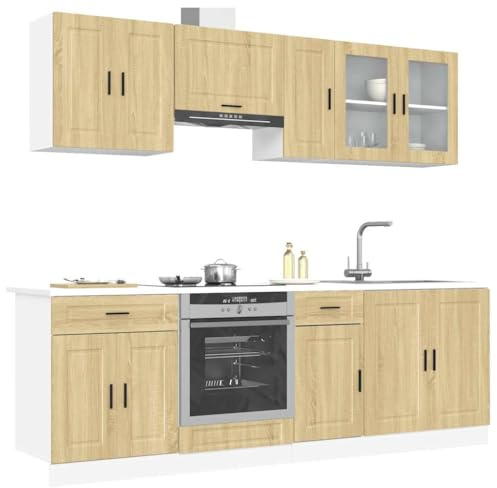 Ezbryzmatic Porto Sonoma 8-Piece Kitchen Furniture Set, Oak Chipboard with Glass Doors, 8 Cabinets Suitable for Kitchen Area, Storage Space, Tableware Storage with Adjustable Feet, Set of 3