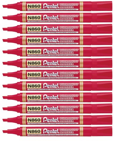 Pentel N860 Marcatore Permanente punta scalpello, 12 Pezzi, Rosso