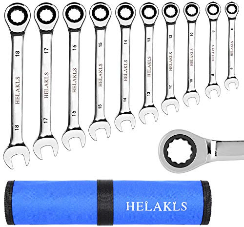 HELAKLS 10-Piece Ratcheting Wrench Set (6-18 MM) Metric Chrome Vanadium Steel Combination Ended Gear Spanner Tool Kits With Carrying Bag
