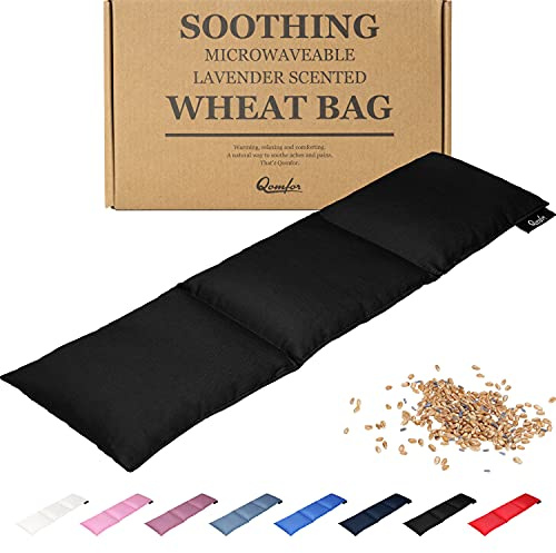Qomfor - Bolsa de semillas calentable en microondas - Negro - Bolsa de trigo para microondas con aroma a lavanda/Almohada calentadora - Bolsa calentadora de 3 cámaras para el cuello y los hombros