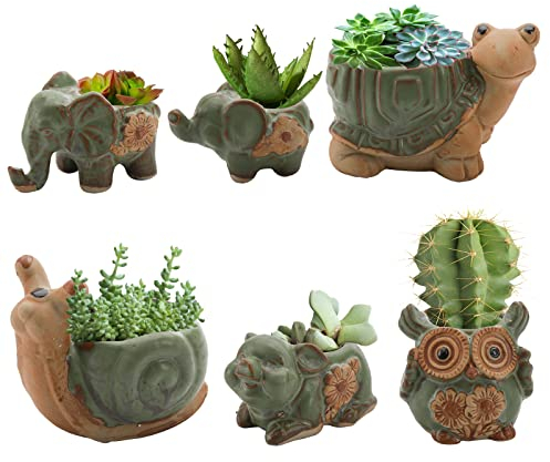 Okllen 6er-Pack Mini Eulen Elefant Sukkulenten Topf mit Drainageloch, Niedliches Tier Keramik Sukkulenten Pflanzgefäß Set für Bonsai, Kleiner Blumentopf, Wohnkultur, Garten, Innenbereich, Outdoor