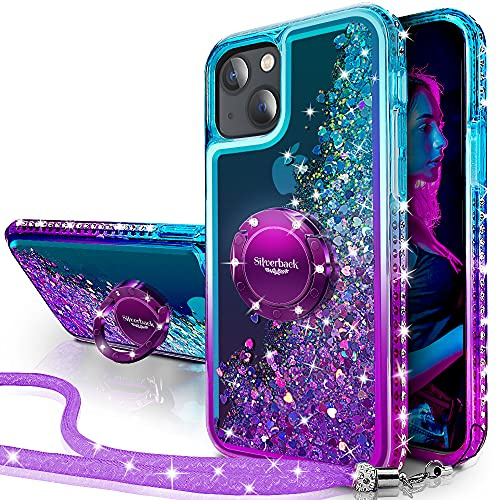 Miss Arts for iPhone 13 Case, Glitter Case with Stand & Lanyard. Purple | Liquid Holographic Sparkly Glitter Case, Women Girls Bling Diamond Ring Shockproof Protective Cover- Purple