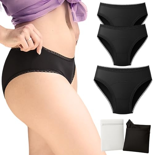Set di 3 Mutande Mestruali Donna Oeko-Tex | 4 Strati Ultra Assorbenti | Slip da Ciclo Mestruale Donna Flusso Abbondante | Lavabile e Riutilizzabile | + Pochetta Impermeabile + Rete di Lavaggio
