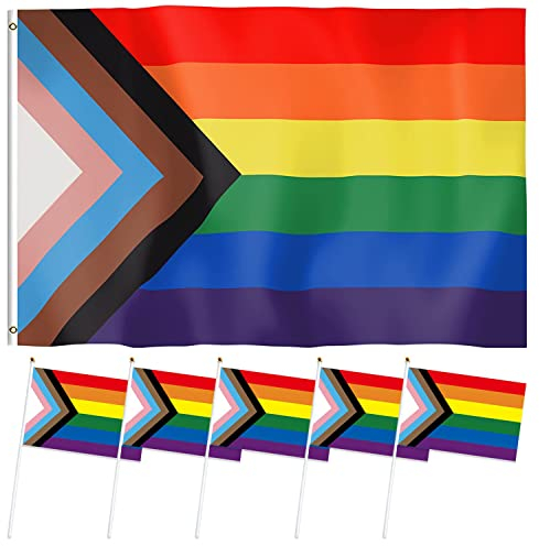 Drapeau LGBT Pride Flag Drapeau Gay 90x150cm Drapeau Arc en Ciel et 5pcs Drapeau LGBT Petit pour Jour Fierté Gaie Extérieur Intérieur Thème Fête Décor Couleur Vibrante Double Couture