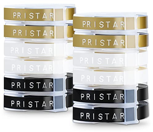 Pristar 12x Compatibile Omega Nastro Etichette di Ricambio per Dymo Embossing Tape 3D Plastic 9mm x 3m per Dymo Omega Junior Label Embosser Etichette Vinile Goffratura Bianco su Nero/Trasparente/Oro