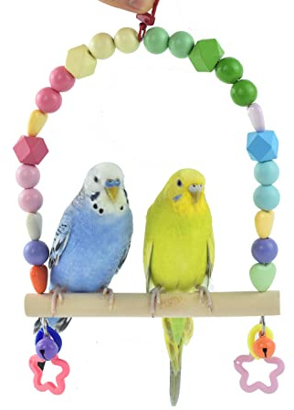 GUANLANT Wooden Bird Swing for Cockatiels Parrot Perch Hanging Toys Parakeets Birdcage Stands Cage Playground Play Gyms Accessories Colorful Bead Bell Climbing Toy for Lovebirds Conures Budgies