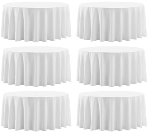 Aocoz Round Tablecloth 120 Inch 6 Pack White Tablecloths Washable Decorative Linen Polyester Table Clothes Cover for Dining Table Banquets Buffet Parties and Wedding