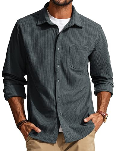 PJ PAUL JONES Men's Casual Button up Shirt Long Sleeve Fashion Texture Button Down Shirt Dark Grey