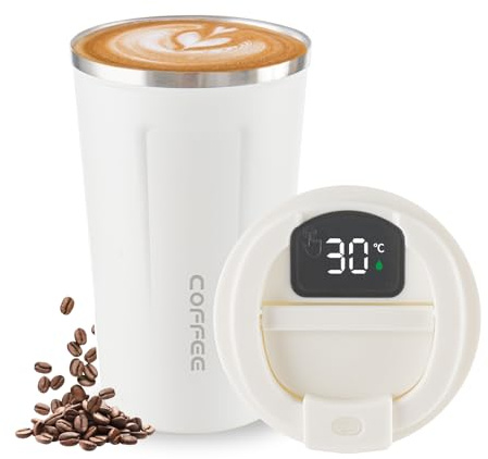 Isolierter Reise-Kaffeebecher aus Edelstahl, Vakuum, LED-Temperaturanzeige, isolierter Becher, auslaufsicher, mit Deckel, hält kalt und warm, geeignet für Kaffee, Tee und Bier (weiß)
