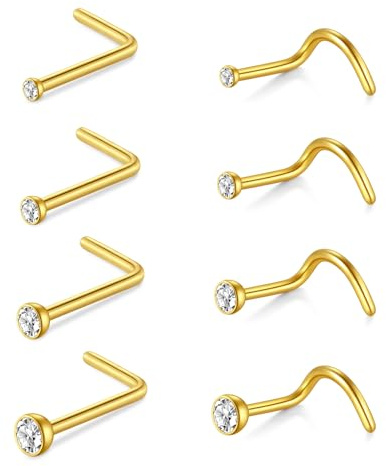 AceFun piercing nez or,8 pcs 20G or forme L Piercing nez acier inoxydable diamant petit pour les femmes hommes tire-bouchon anneaux nasaux nasaux piercing boulon clair CZ