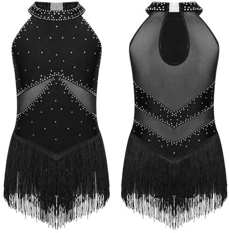 Xnihocha Kids Girls Sparkly Fringed Latin Dance Dress Tassel Gymnastics Leotard Bodysuit Modern Dance Costume Black 13-14 Years