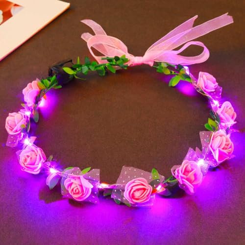 Evlry LED-Blumenkronen-Stirnband, leuchtender Blumen-Haarkranz, Stirnbänder, Festival-Party-Kopfschmuck, Hochzeits Hochzeit, Braut-Haarschmuck für Frauen (Rosa, Einheitsgröße)
