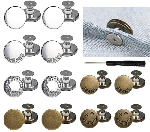 Ferizzia 12 stycken jeansknapp, avtagbar jeansknapp, knappbyte, justerbar och återanvändbar, med skruvmejsel, för reparation av kläder, denim, jackor