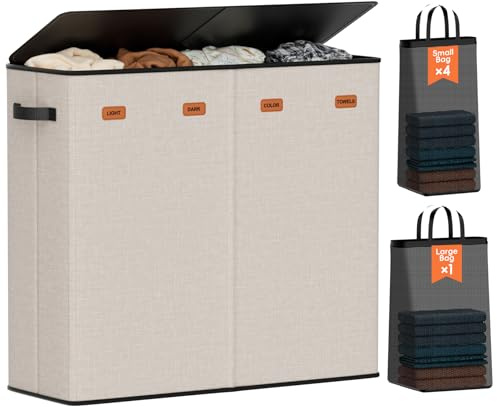 Vexalora Wäschesammler 4 Abschnitte mit Deckel, 185L Wäschesortierer mit 4 abnehmbaren Taschen + 1 extra große Tasche, umschaltbares 3/4-Fach, Wäschekorb Organizer für Schlafzimmer, Waschküche, Beige
