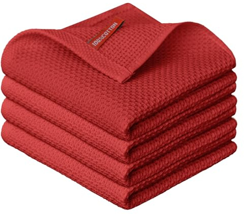 Artoid Mode Red 100% Cotton Soft Kitchen Cleaning Cloths 34 x 34 cm, Pack of 4 Dish Cloths Towels Absorbent Washable for Washing up