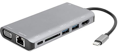 Fyearfly TypeC Docking Station, Hub USB 3.0 8 in 1 con HDMI 4K, VGA, porta audio, grigio, migliora la connettività per notebook, ottimizza lo spazio di lavoro, espansione multi-porta